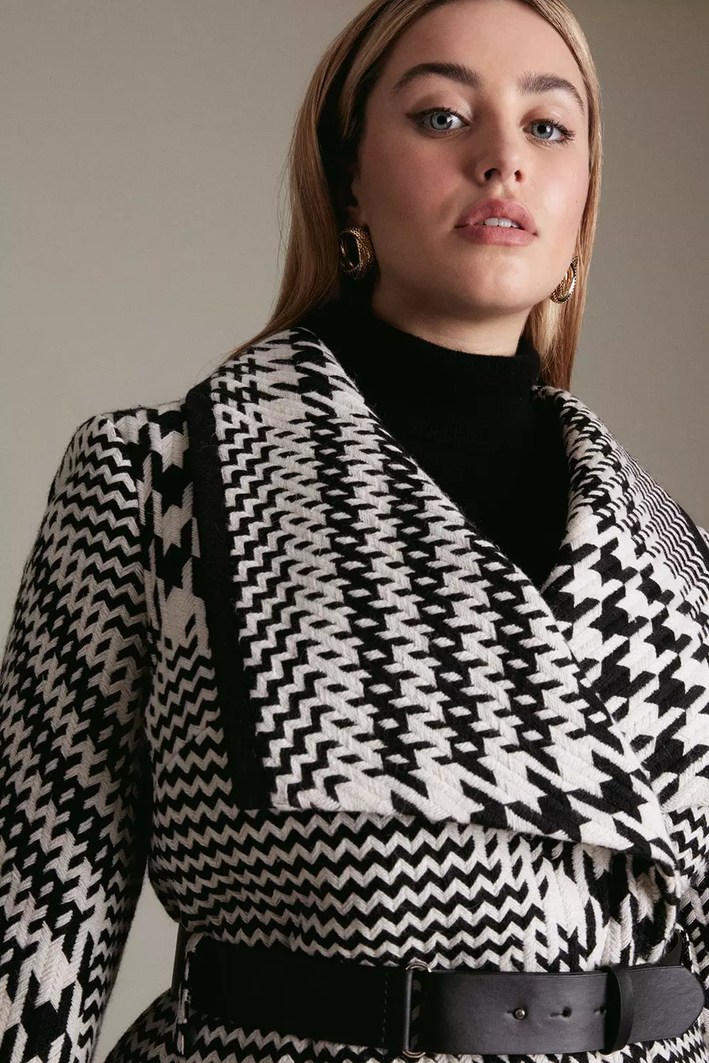 Houndstooth Check Wool Blend Coat