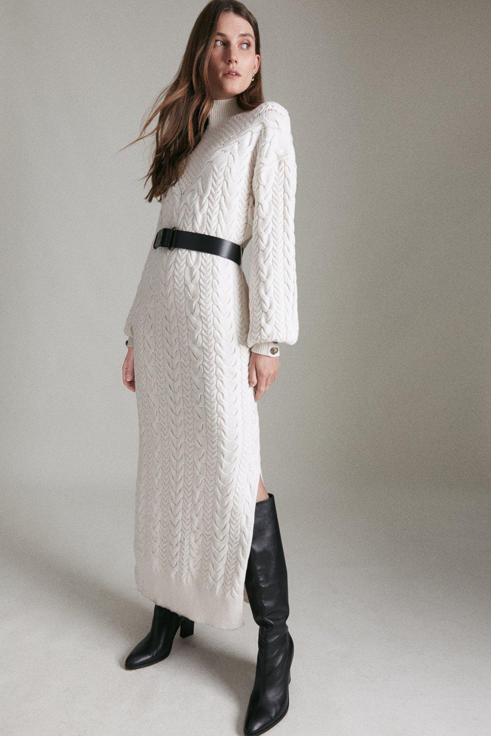 Fashionably Dedicated Cream Belted Midi Sweater Dress