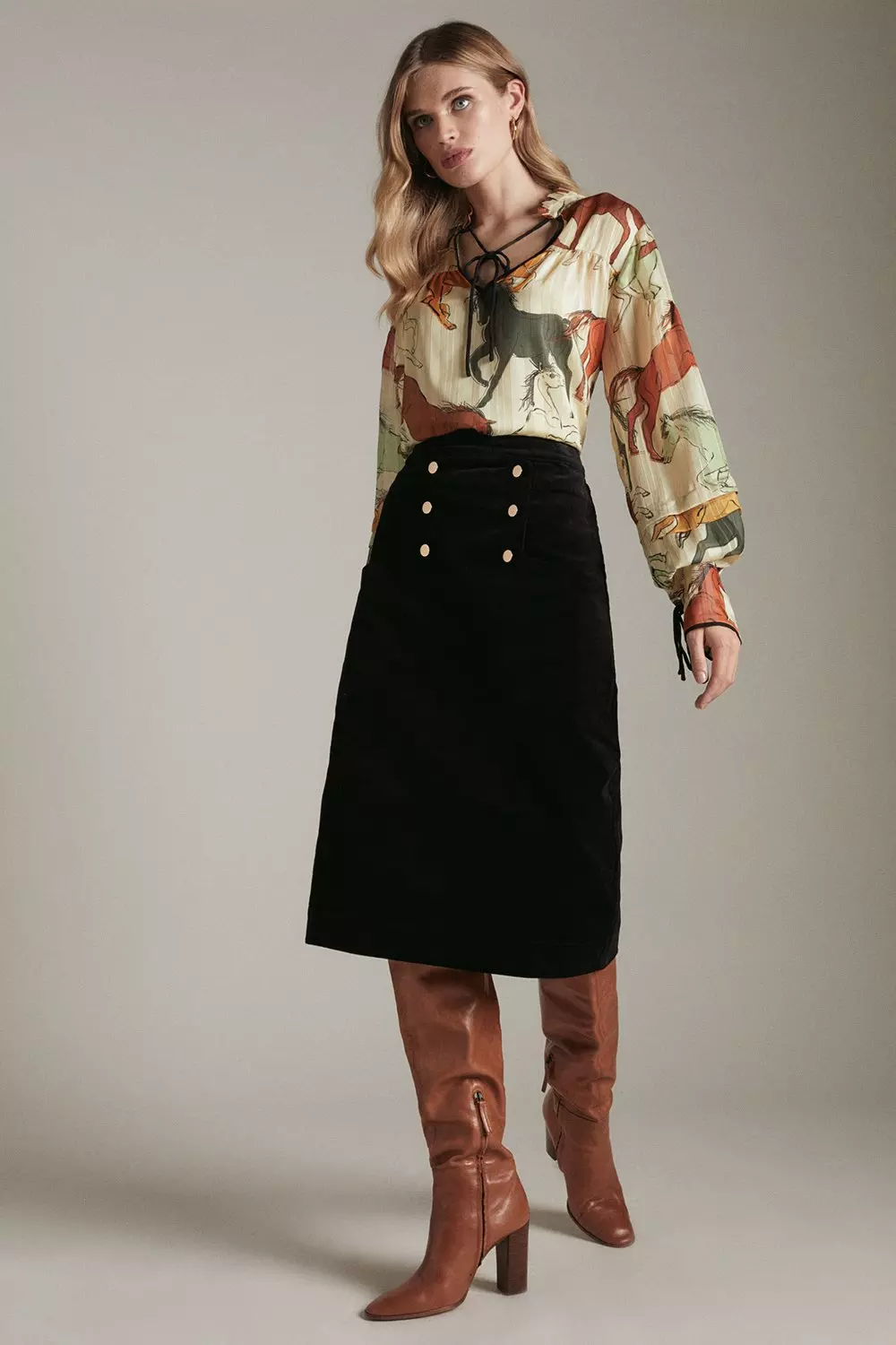 Black knee clearance length corduroy skirt