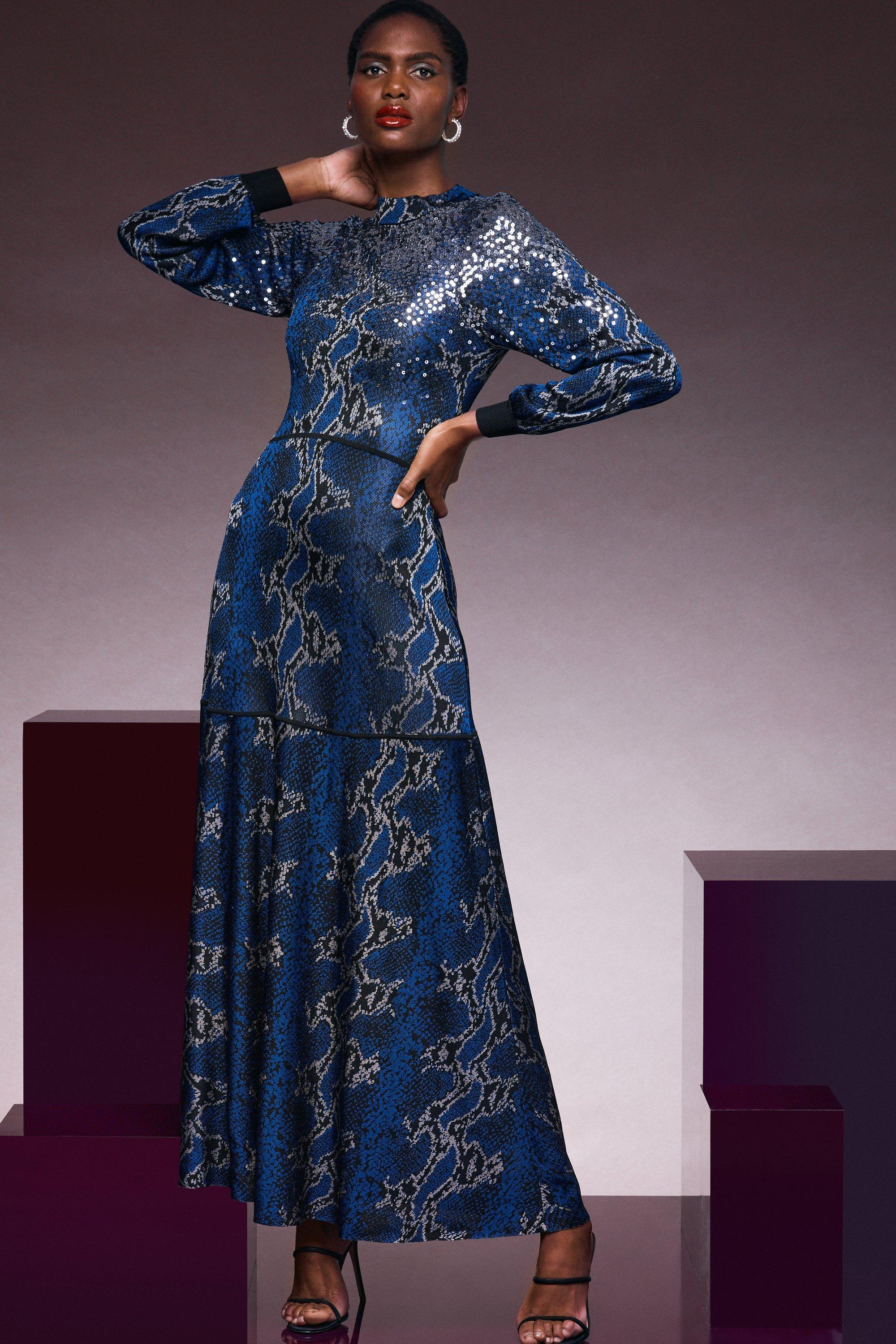 Slinky Sequinned Animal Jacquard Knit Dress | Karen Millen