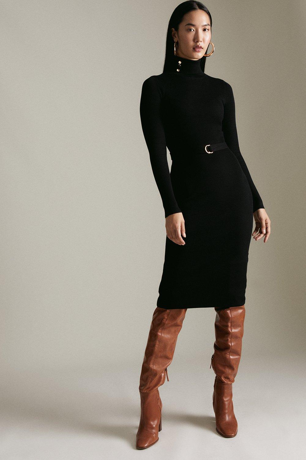 Petite Rib Knit Belted Midi Dress