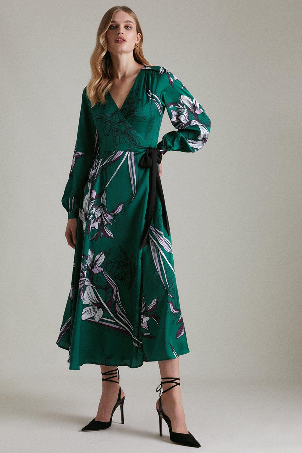 svært Hollow burst Lily Print Woven Satin Wrap Midi Dress | Karen Millen