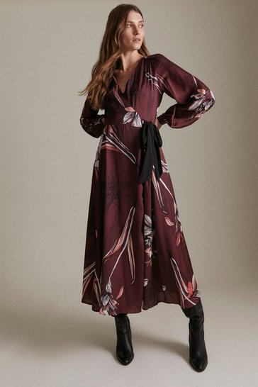 Lily Print Wrap Midi Woven Satin Dress ...