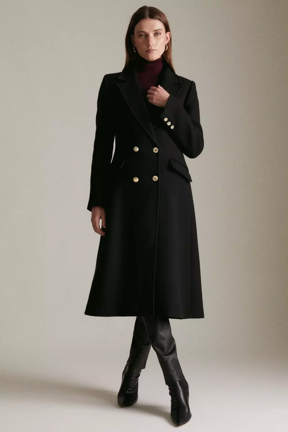 KAREN MILLEN Italian Wool Blend Belted Double Breasted Coat in Navy