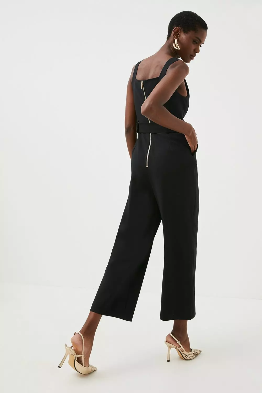 Compact Stretch Pinafore Crop Wide Jumpsuit | Karen Millen