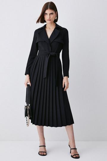 Black Tailored Long Sleeve Woven Pleated Midi Trench Dress