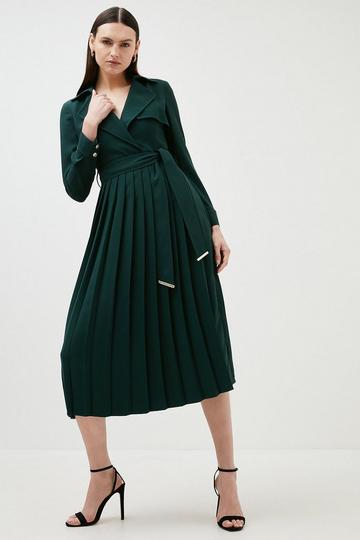 Tailored Long Sleeve Woven Pleated Midi Trench Dress forest