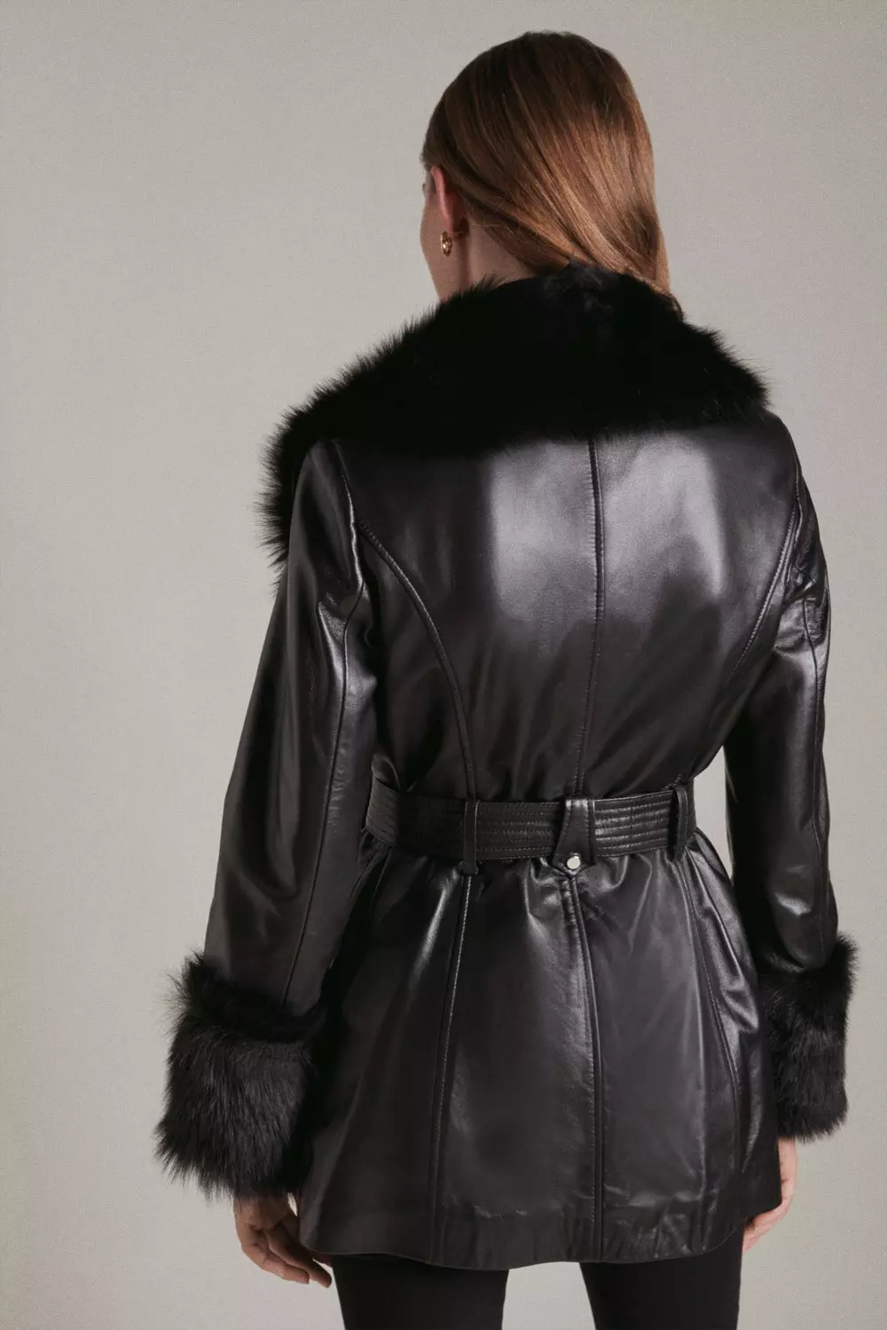 Leather coat with shop fur collar and cuffs