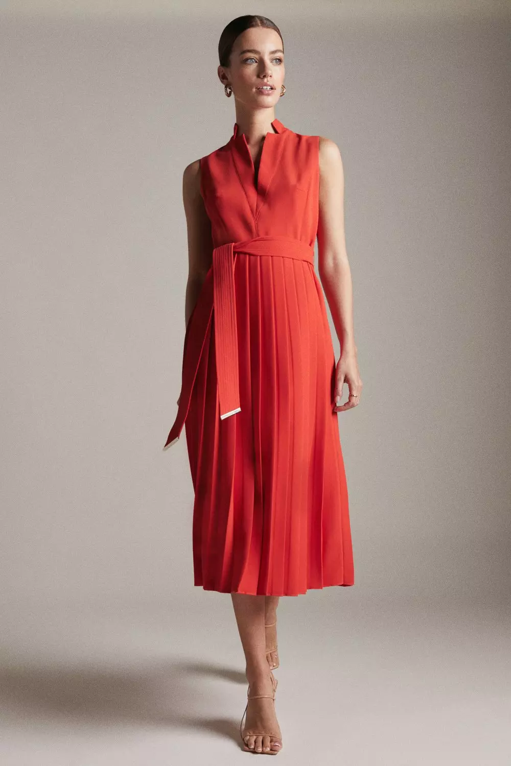 Petite Pleat Notch Neck Woven Midi Dress | Karen Millen