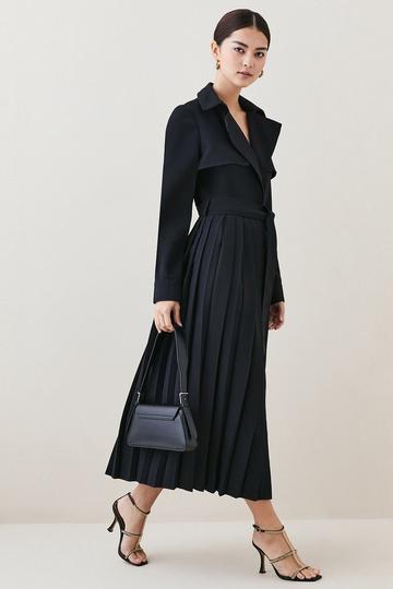 Black Petite Tailored Long Sleeve Pleated Midi Trench Dress