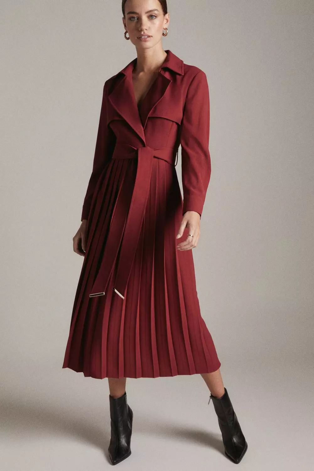 Petite Tailored Long Sleeve Pleated Midi Trench Dress