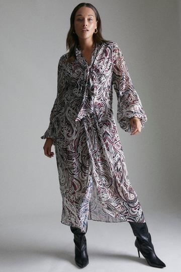 Red Plus Size Paisley Drama Sleeve Tie Neck Woven Dress