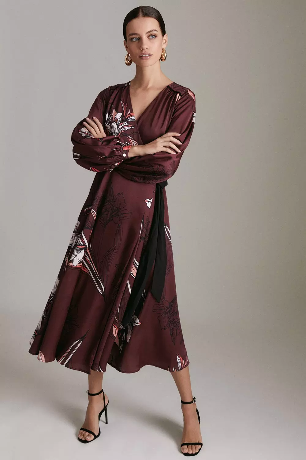 Petite Lily Print Wrap Midi Satin Woven Dress | Karen Millen