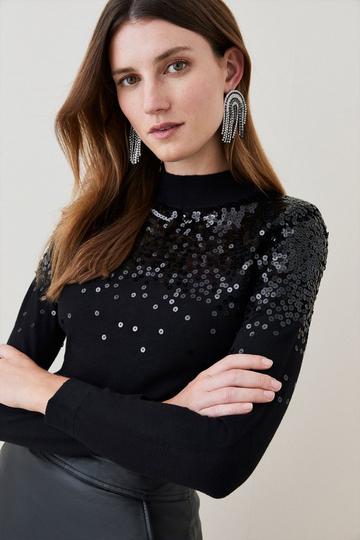 Sequinned Knit Funnel Neck Sweater black