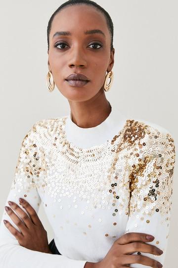 Cream White Sequinned Knit Funnel Neck Sweater