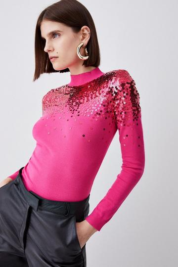 Sequinned Knit Funnel Neck Sweater fuchsia