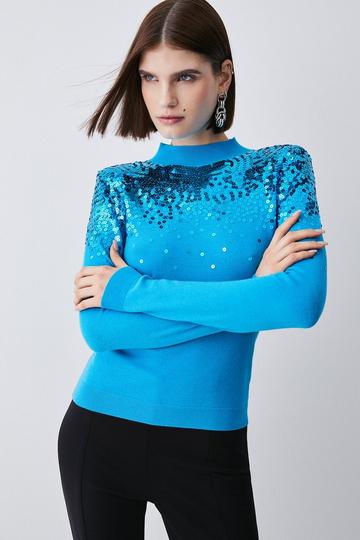 Sequinned Knit Funnel Neck Jumper turquoise