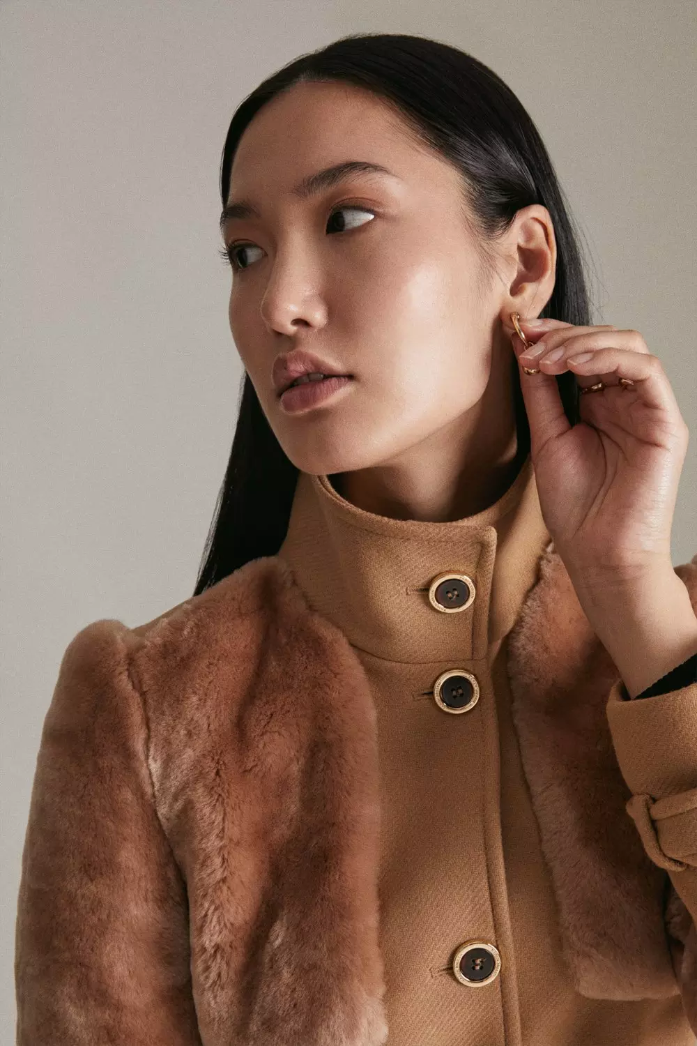 Italian Wool Shearling Mix Panel Belted Coat | Karen Millen