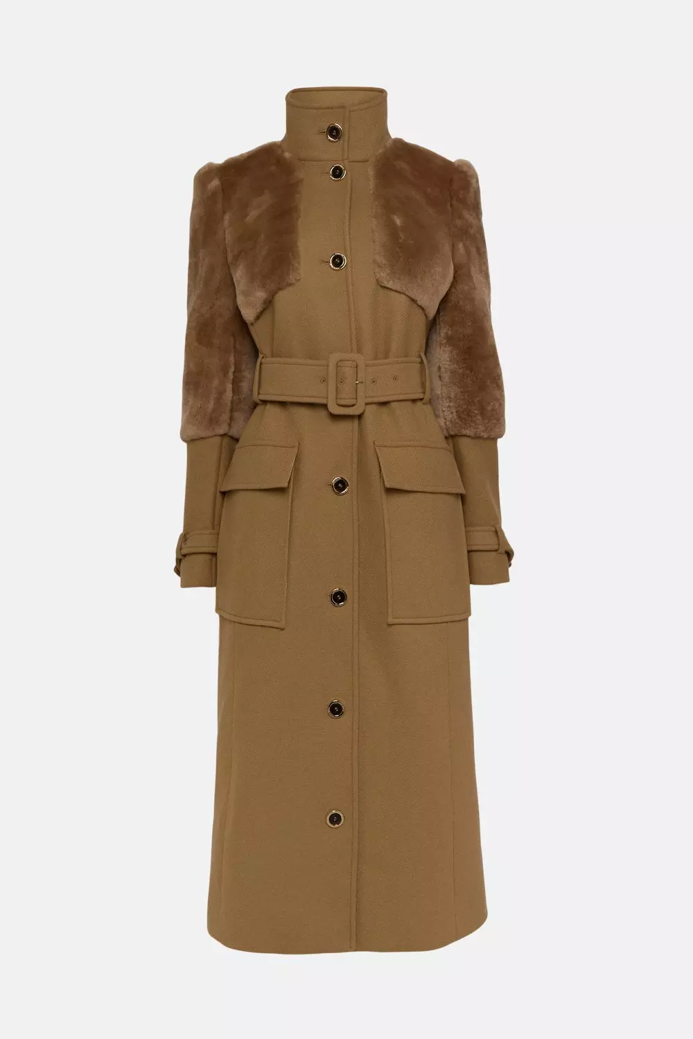 Italian Wool Shearling Mix Panel Belted Coat | Karen Millen