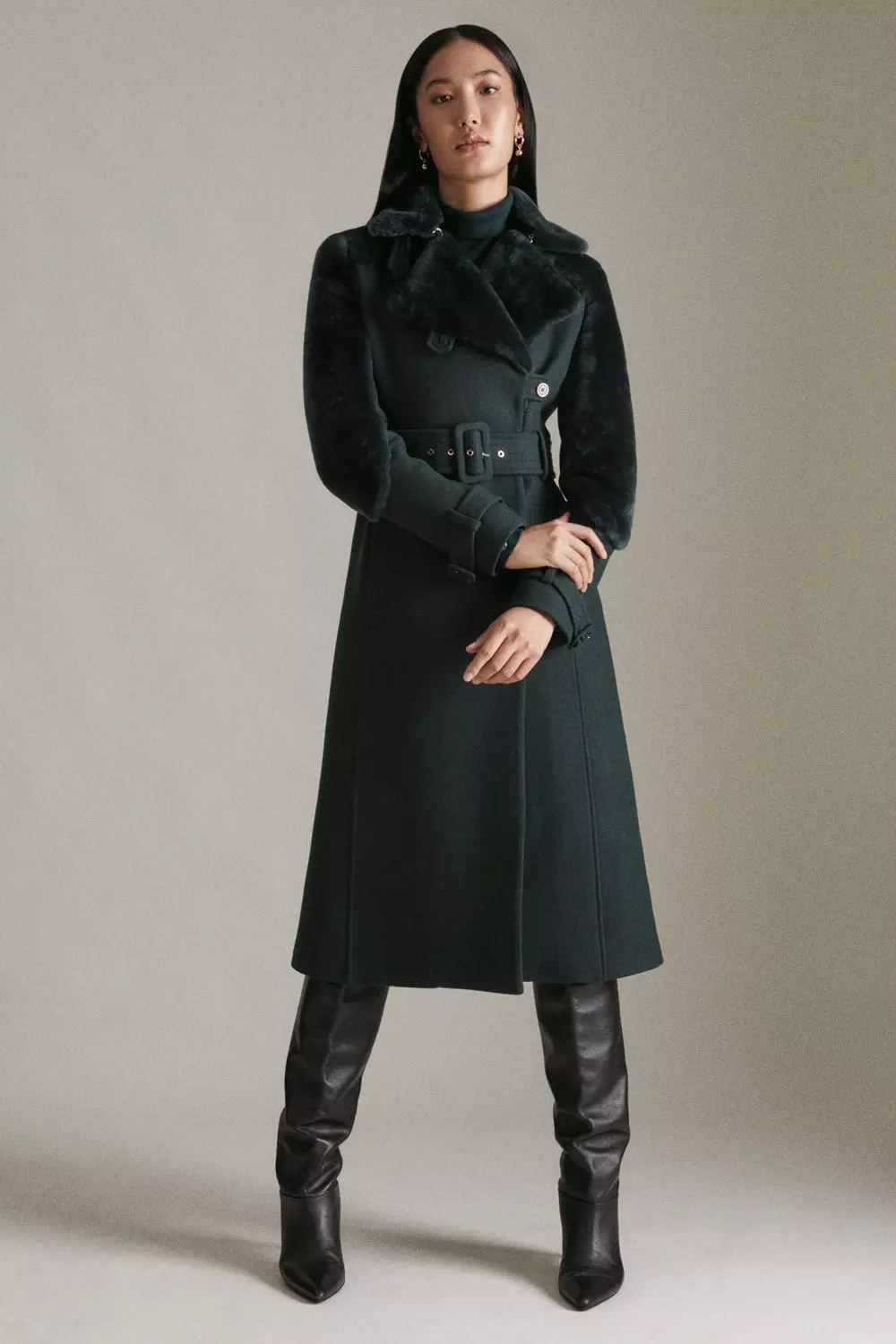 Italian Virgin Wool Shearling Mix Midi Coat