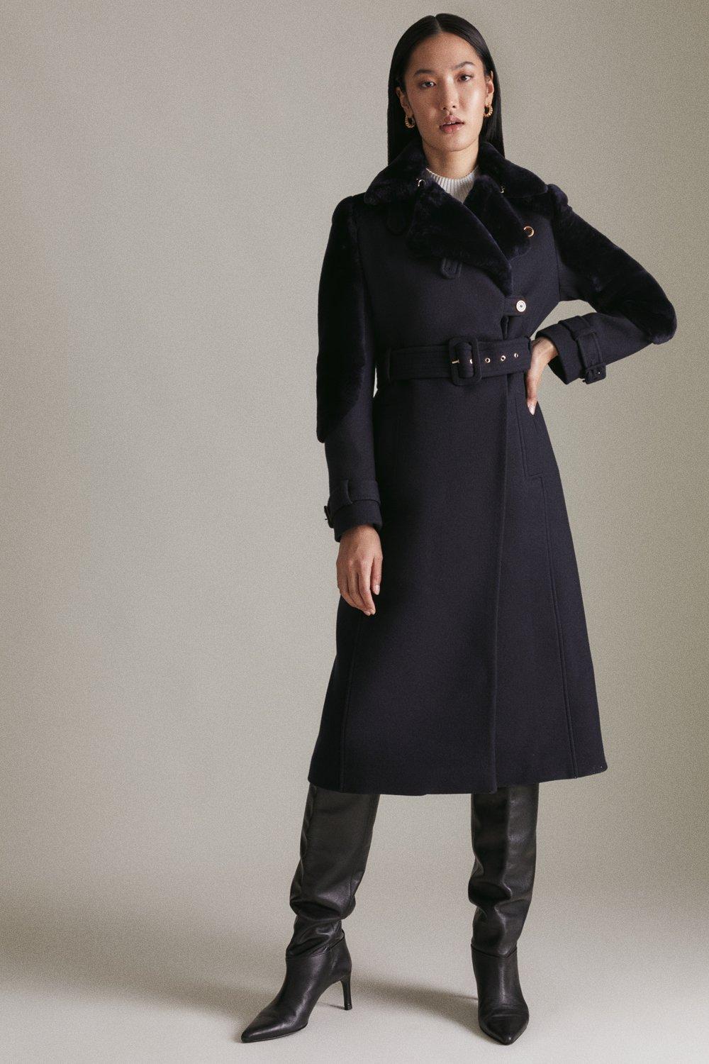 Italian Virgin Wool Shearling Mix Midi Coat | Karen Millen