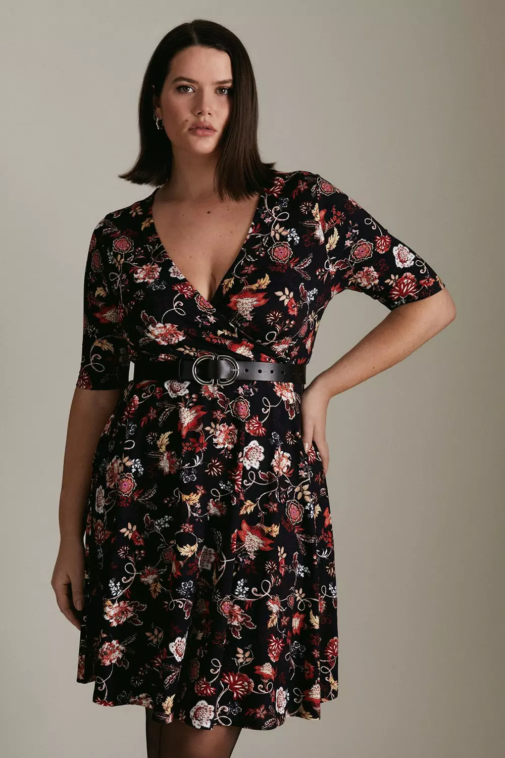 Plus Size Paisley Print Belted Wrap Jersey Dress