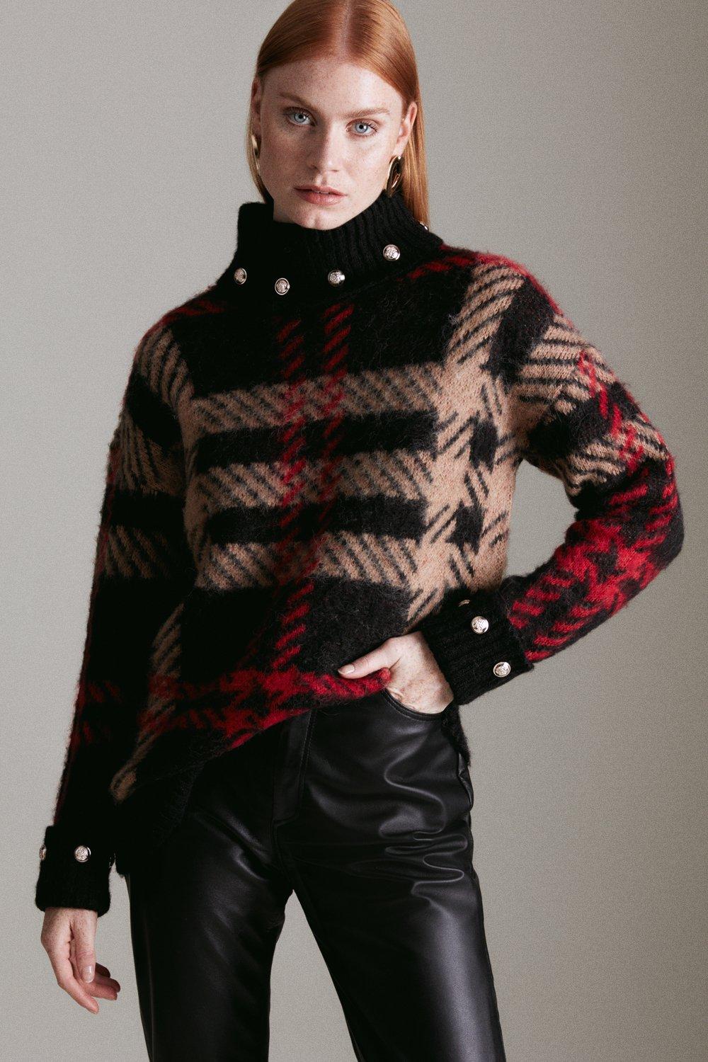 Brushed Jacquard Flannel Turtleneck Sweater | Karen Millen