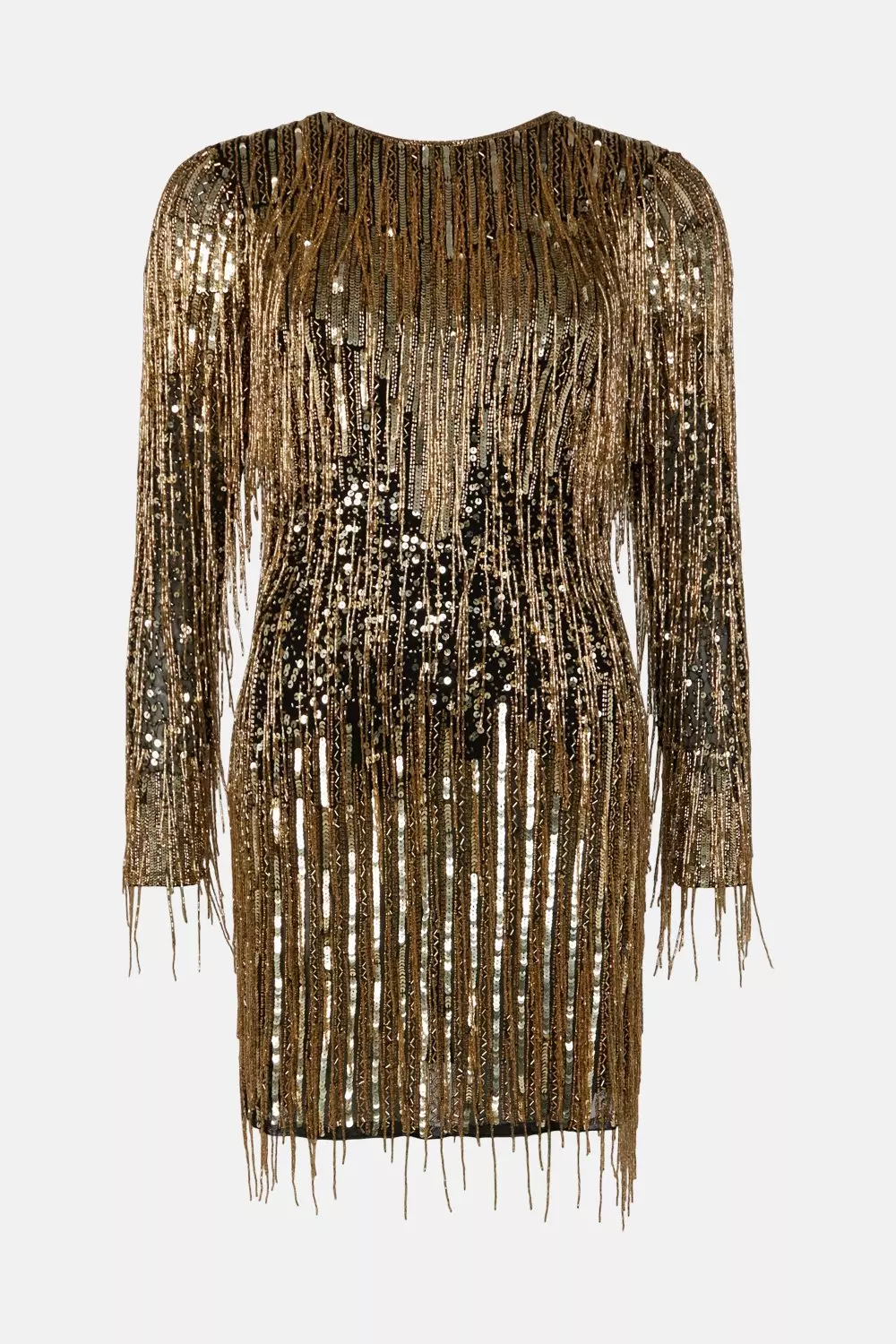 Beaded Fringed Long Sleeve Woven Mini Dress Karen Millen