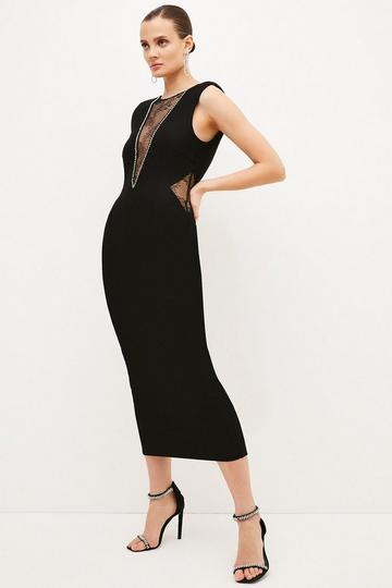 Black Lace Front Diamante Jersey Midaxi Dress