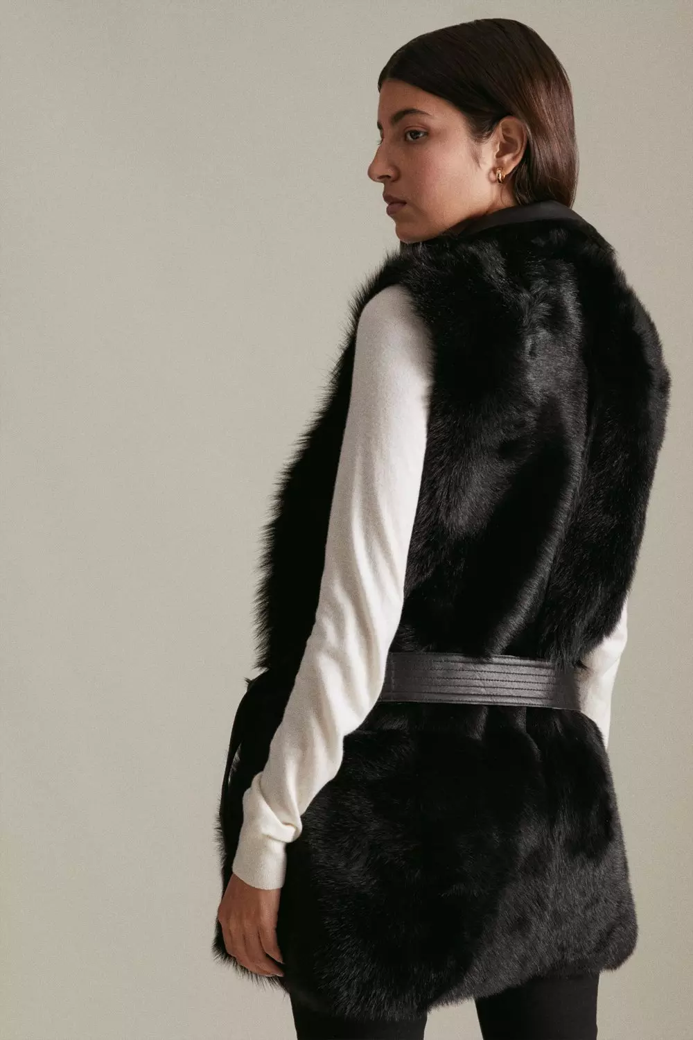 Reversible Shearling Sleeveless Wrap Coat - Luxury Black