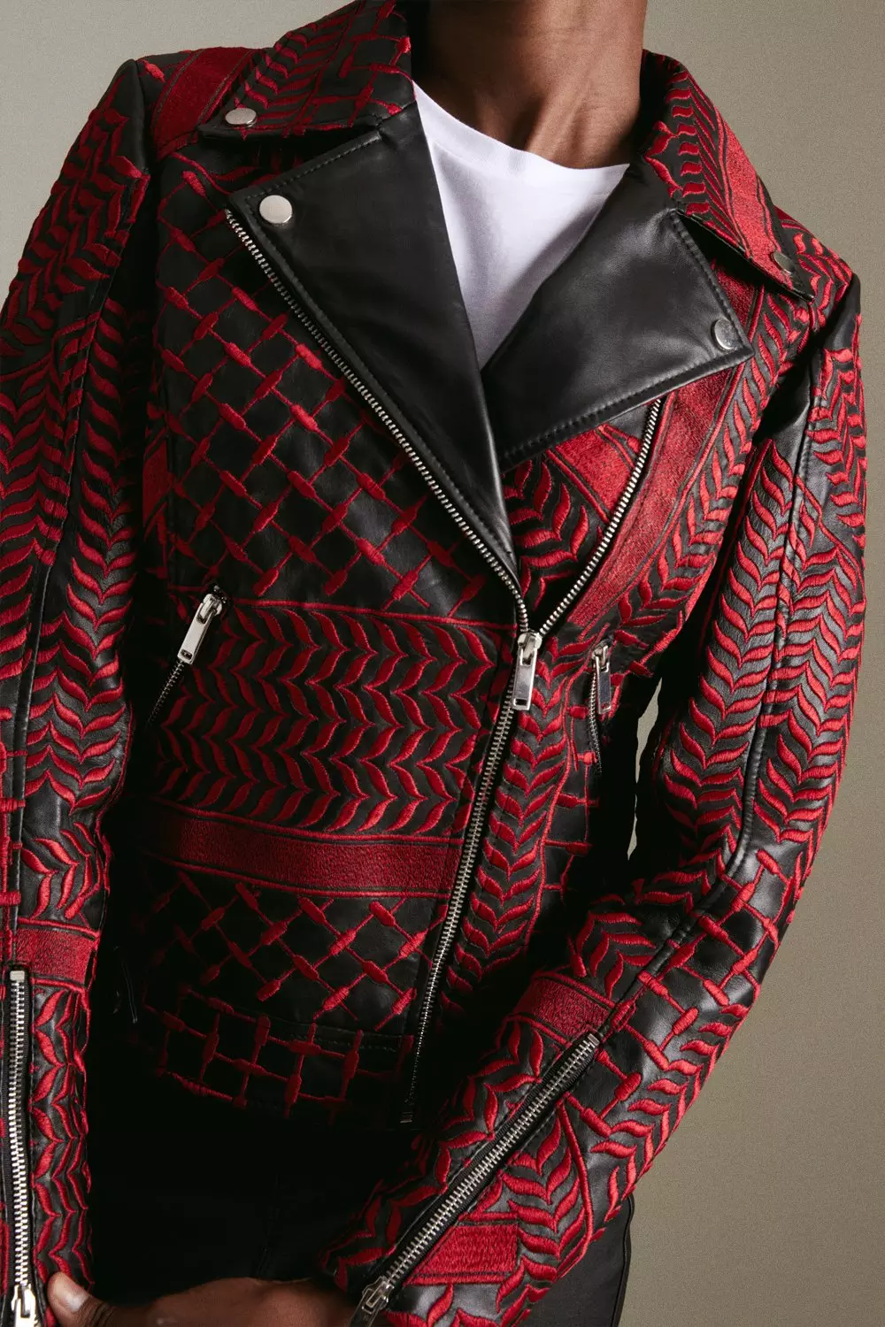 Leather jacket with checkered sleeves sale