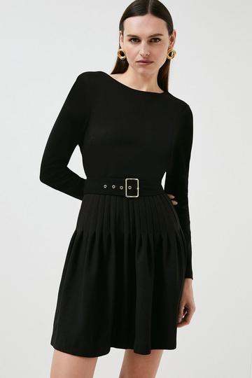 Long Sleeve Pleated Figure Form Crepe Mini Dress black