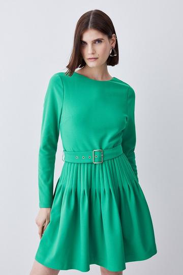 Long Sleeve Pleated Figure Form Crepe Mini Dress green