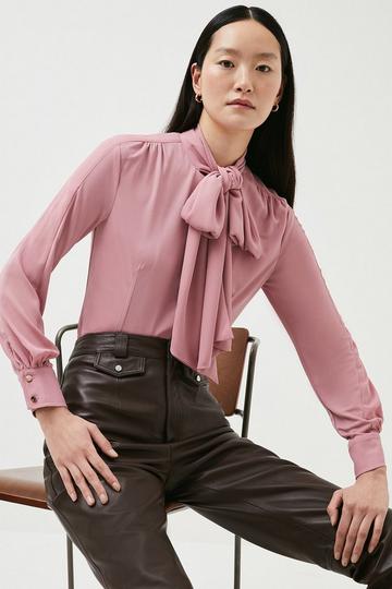 High Neck Pussy Bow Detail Jersey Top blush