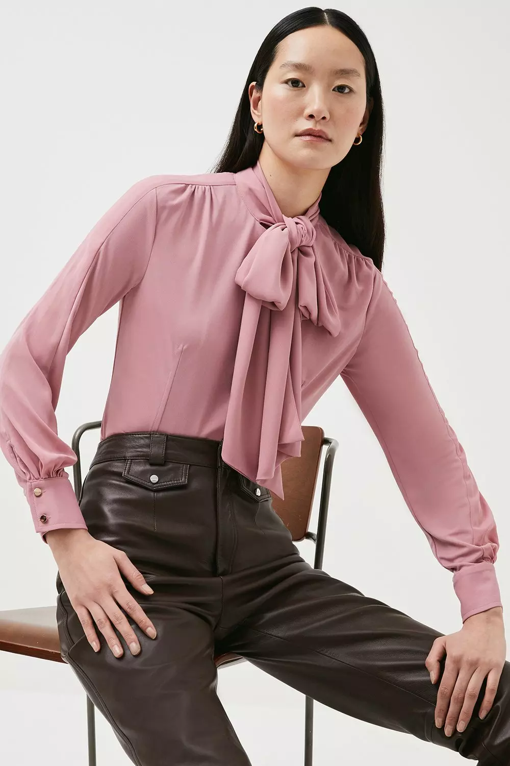 High Neck Pussy Bow Detail Jersey Top | Karen Millen