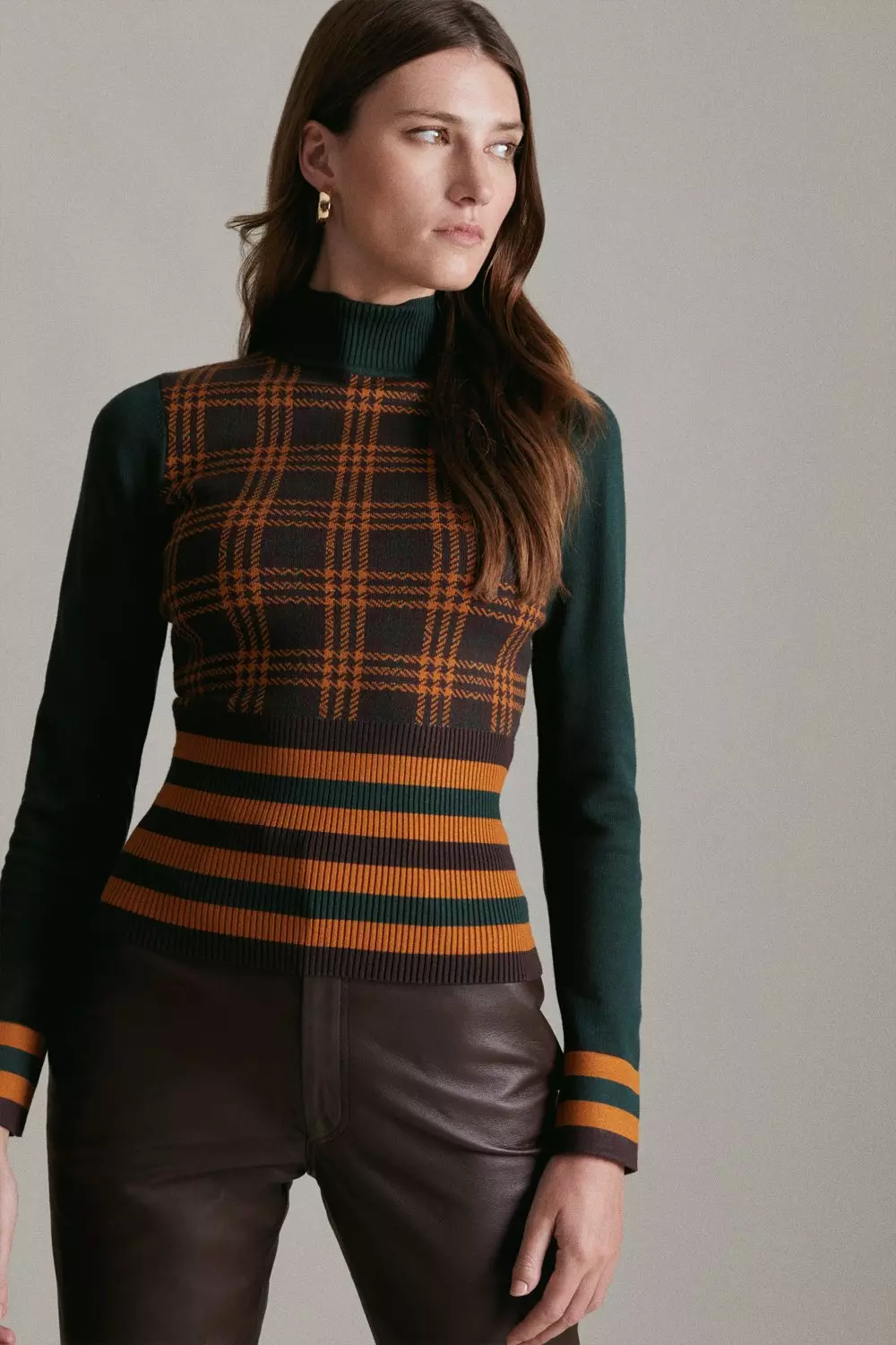 Sporty Check Knit Funnel Neck Top | Karen Millen