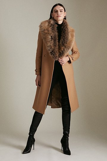Italian Wool Faux Fur Collared Belted Coat