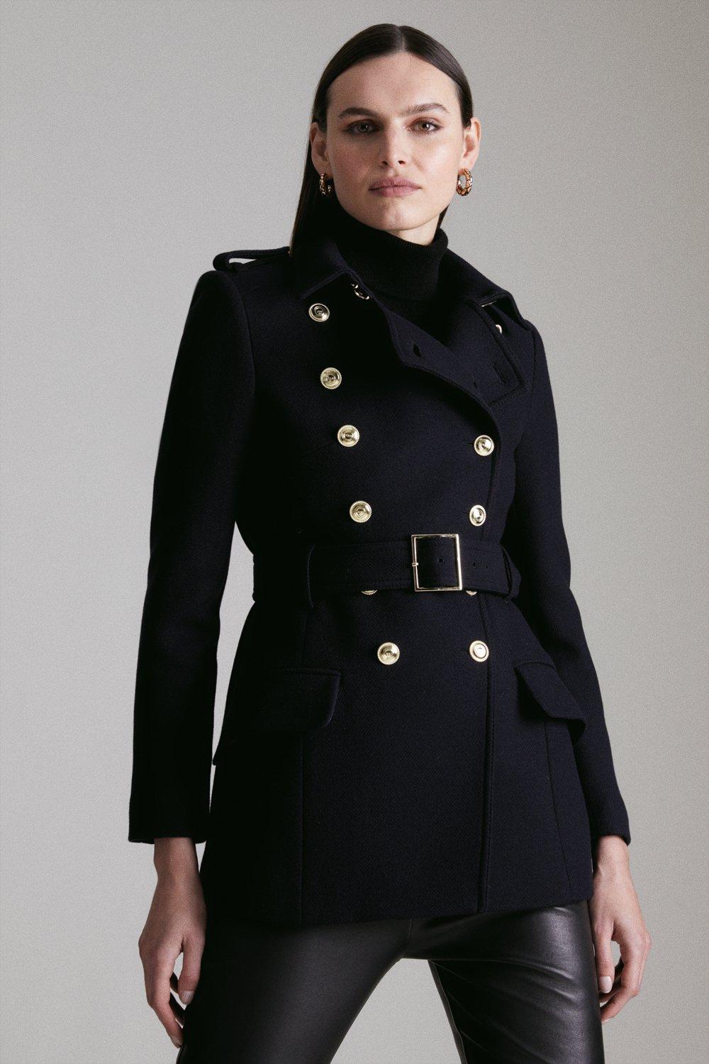 Italian Wool Blend Short Military Coat   Karen Millen