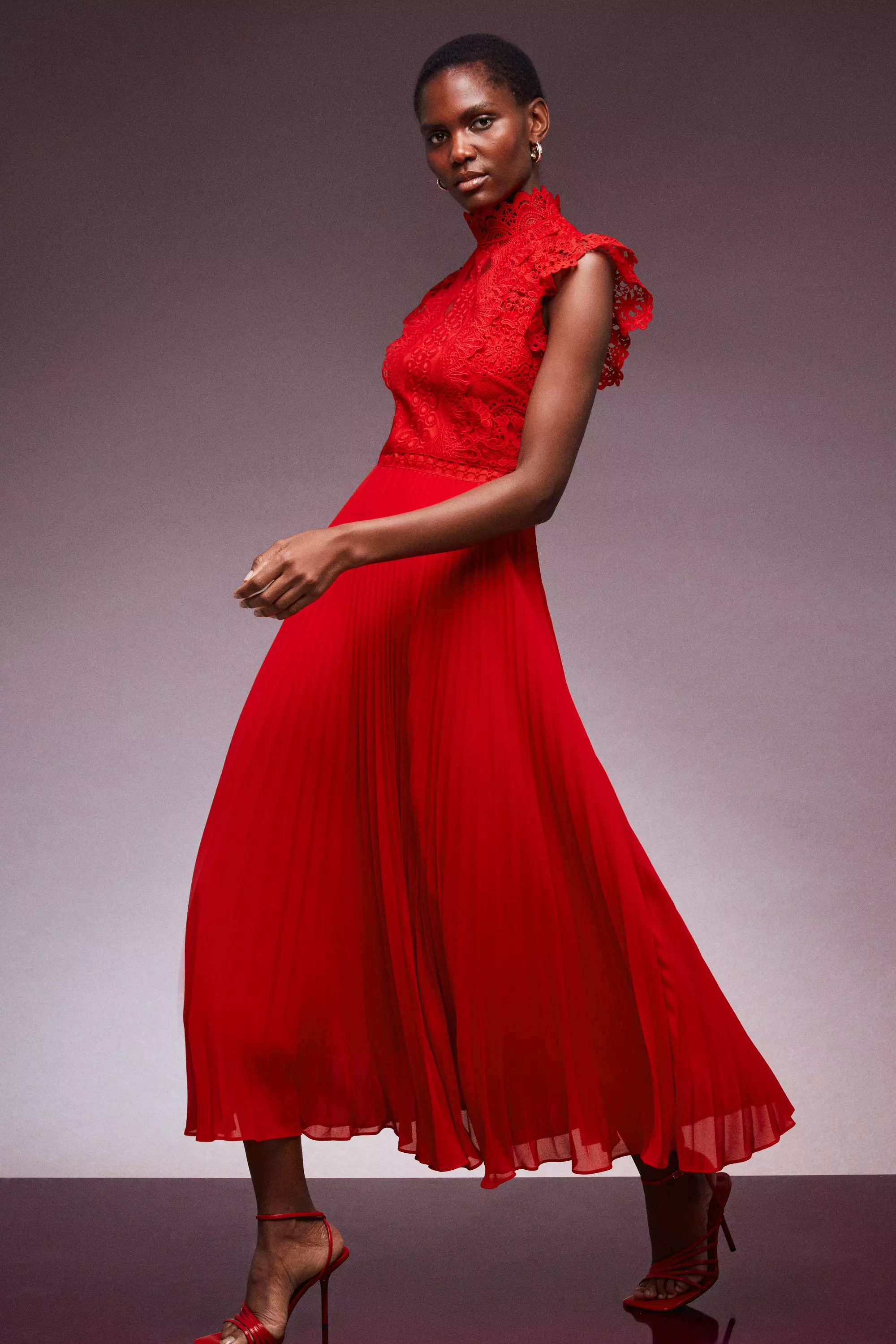 Guipure Lace Woven Pleat Midi Dress | Karen Millen