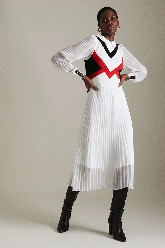 Meestal gelijkheid plakboek Pleated Skirt Color Block Knit Dress | Karen Millen