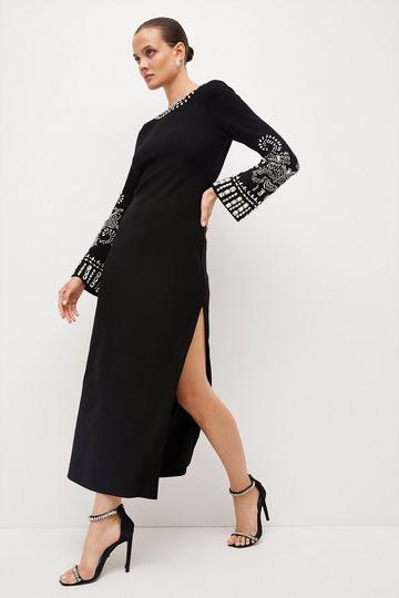 Black Embellished Detail Figure Form Crepe Midaxi Dress