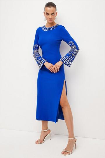 Cobalt Blue Embellished Detail Figure Form Crepe Midaxi Dress
