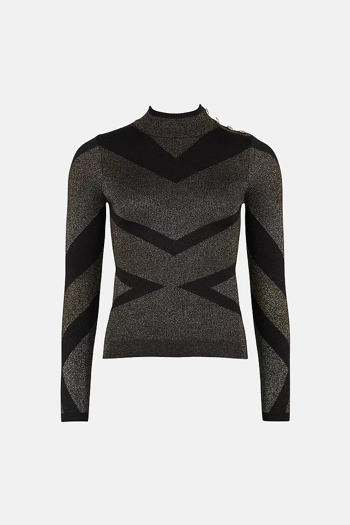 Sparkle Military Trim Abstract Knit Top