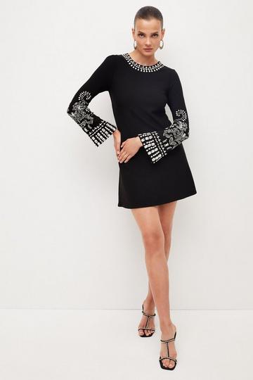 Black Embellished Detail Figure Form Crepe Mini Dress