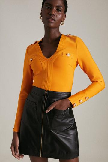Orange Bandage Knit Military Top In Recycled Yarn