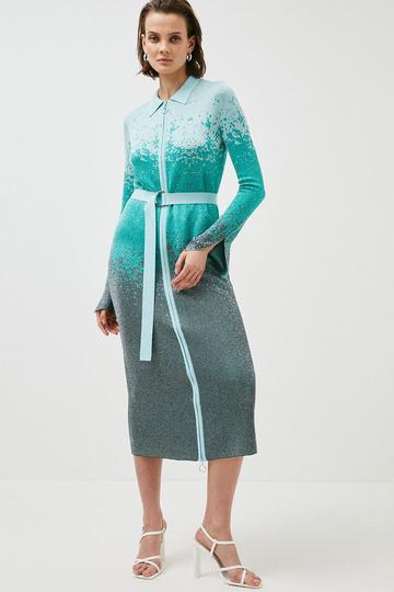 Green Ombre Sparkle Slinky Knit Belted Midi Dress