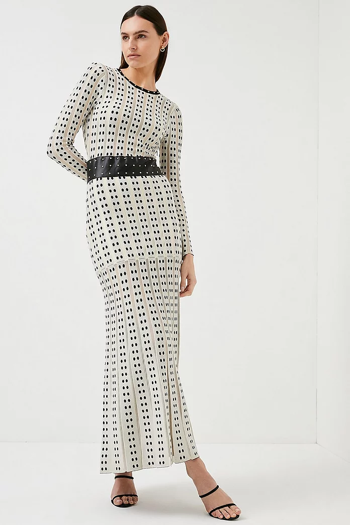 Sheer Knit Polka Dot Stud Detail Jacquard Maxi Dress | Karen Millen