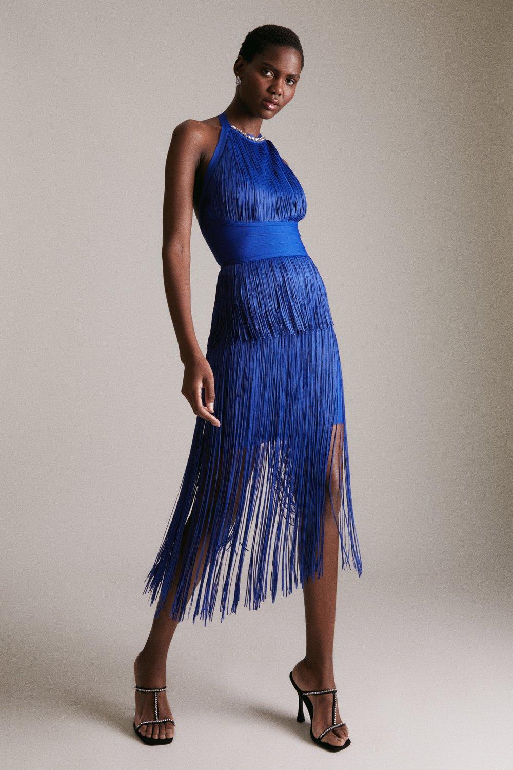 Bandage Knit Fringed Dress In Recycled Yarn | Karen Millen