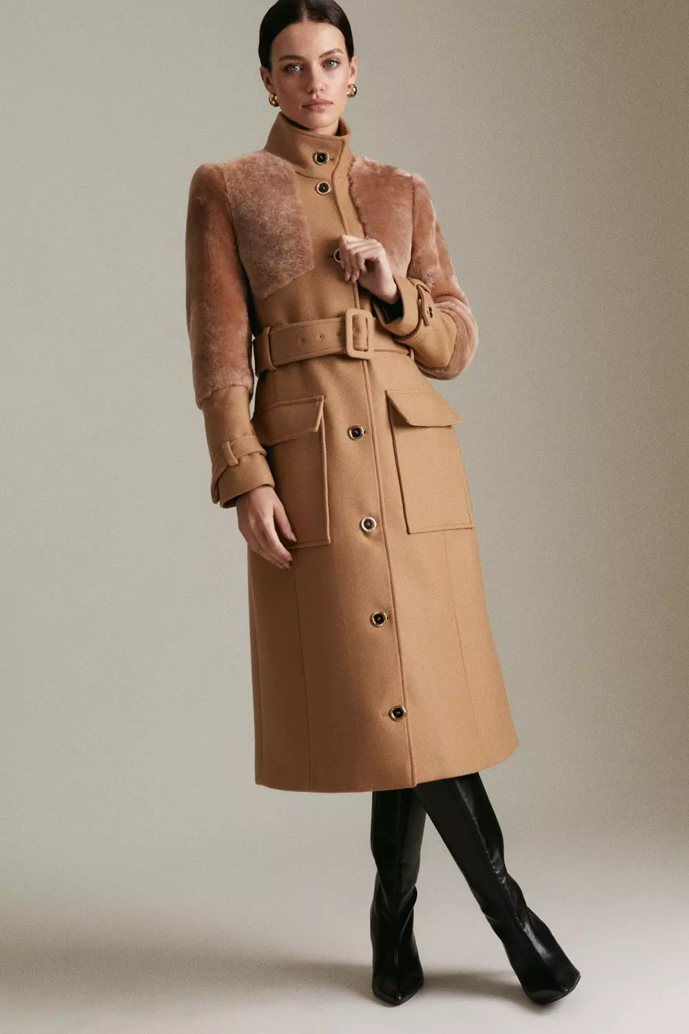 Petite Italian Wool Shearling Mix Panel Coat | Karen Millen