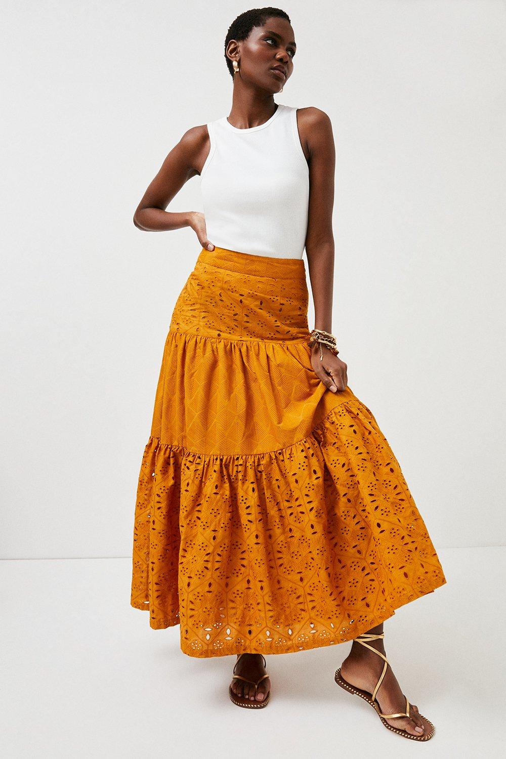 Mixed Eyelet Tiered Woven Maxi Skirt | Karen Millen